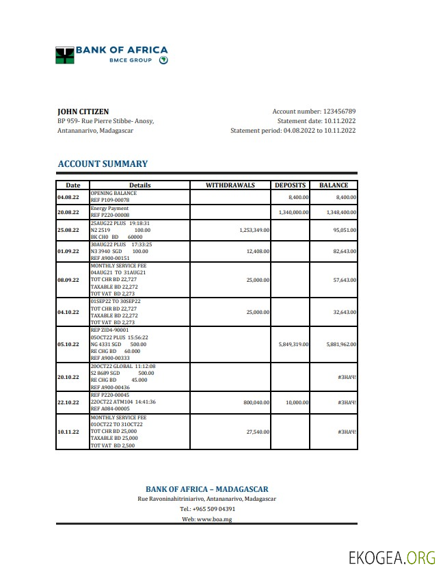 Relevé bancaire de Madagascar Bank of Africa